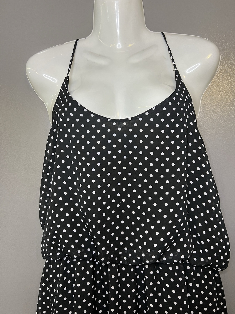 Amber Blue Dress Womens Medium Black Polka Dot Blouson Knee Length Sundress